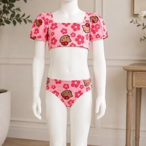 Hello Kitty Girls Bikini Set Hibiscus Floral Pink Puff Sleeve Swimsuit XS 4-5